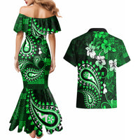 Fiji Masi Paisley With Hibiscus Tapa Couples Matching Mermaid Dress and Hawaiian Shirt Green Version LT01 - Polynesian Pride