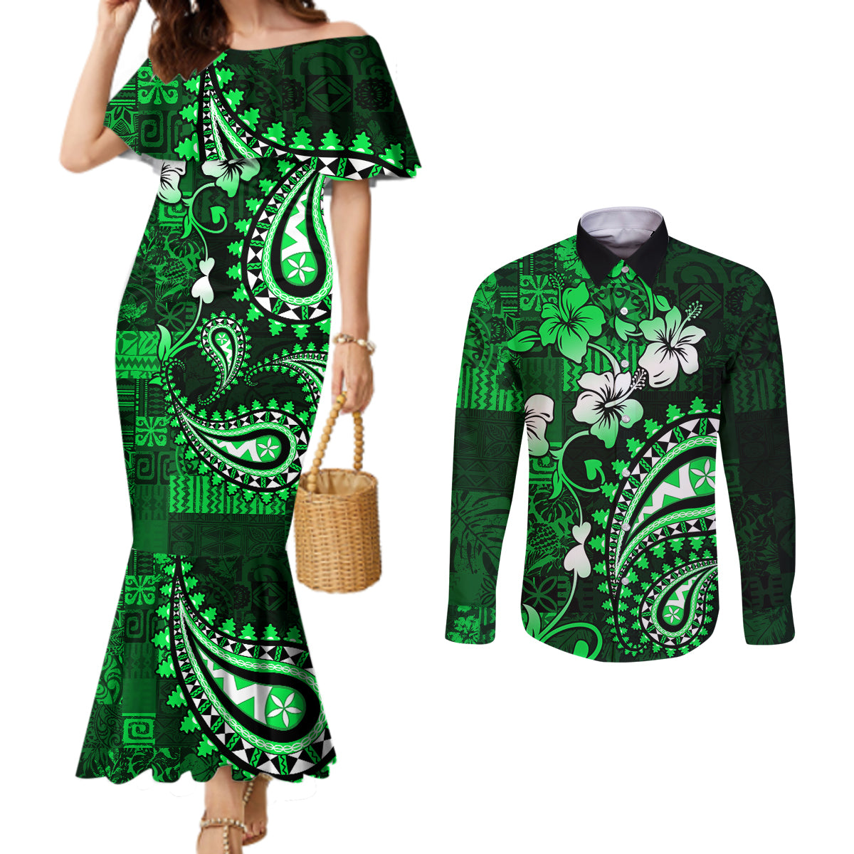 Fiji Masi Paisley With Hibiscus Tapa Couples Matching Mermaid Dress and Long Sleeve Button Shirt Green Version LT01 Green - Polynesian Pride