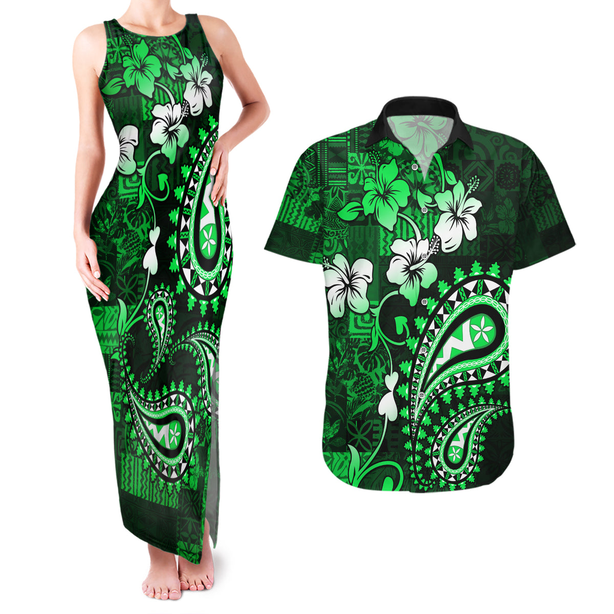 Fiji Masi Paisley With Hibiscus Tapa Couples Matching Tank Maxi Dress and Hawaiian Shirt Green Version LT01 Green - Polynesian Pride