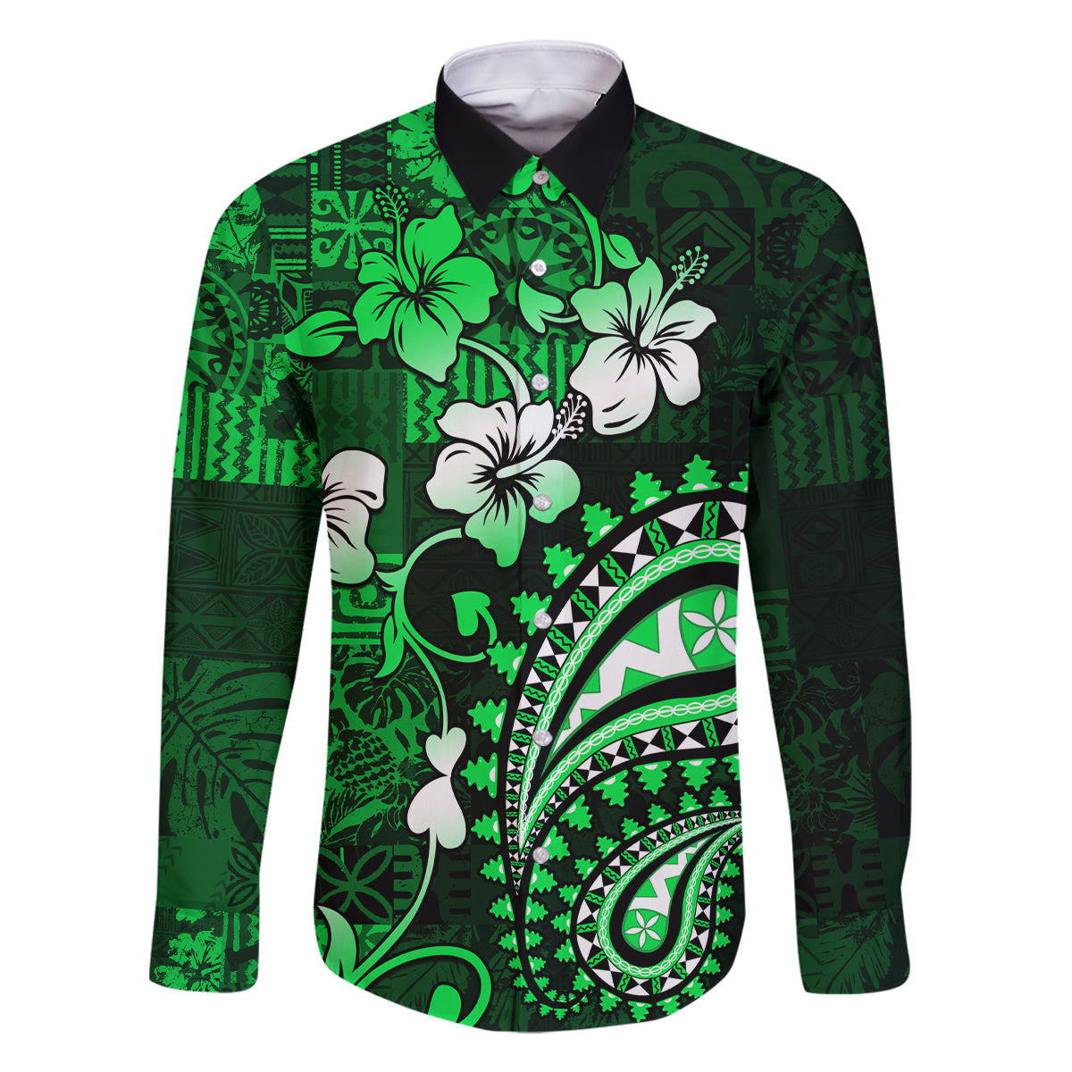 Fiji Masi Paisley With Hibiscus Tapa Family Matching Tank Maxi Dress and Hawaiian Shirt Green Version LT01 Dad's Shirt - Long Sleeve Green - Polynesian Pride