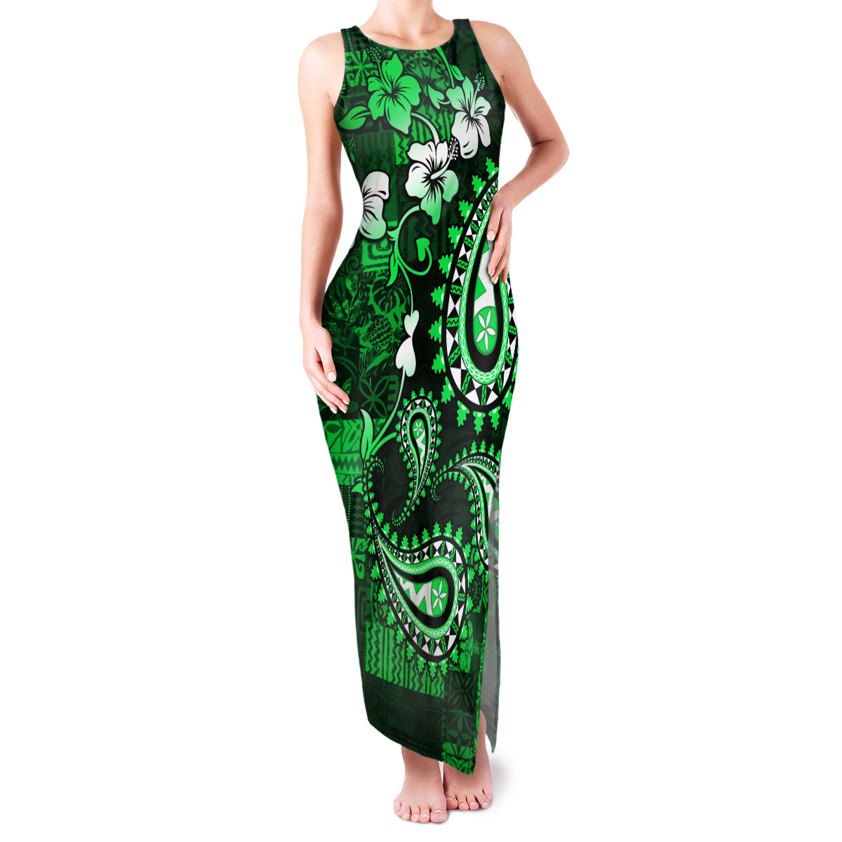 Fiji Masi Paisley With Hibiscus Tapa Family Matching Tank Maxi Dress and Hawaiian Shirt Green Version LT01 Mom's Dress Green - Polynesian Pride