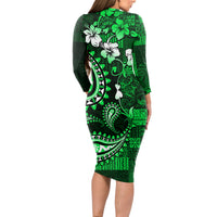 Fiji Masi Paisley With Hibiscus Tapa Long Sleeve Bodycon Dress Green Version LT01 - Polynesian Pride