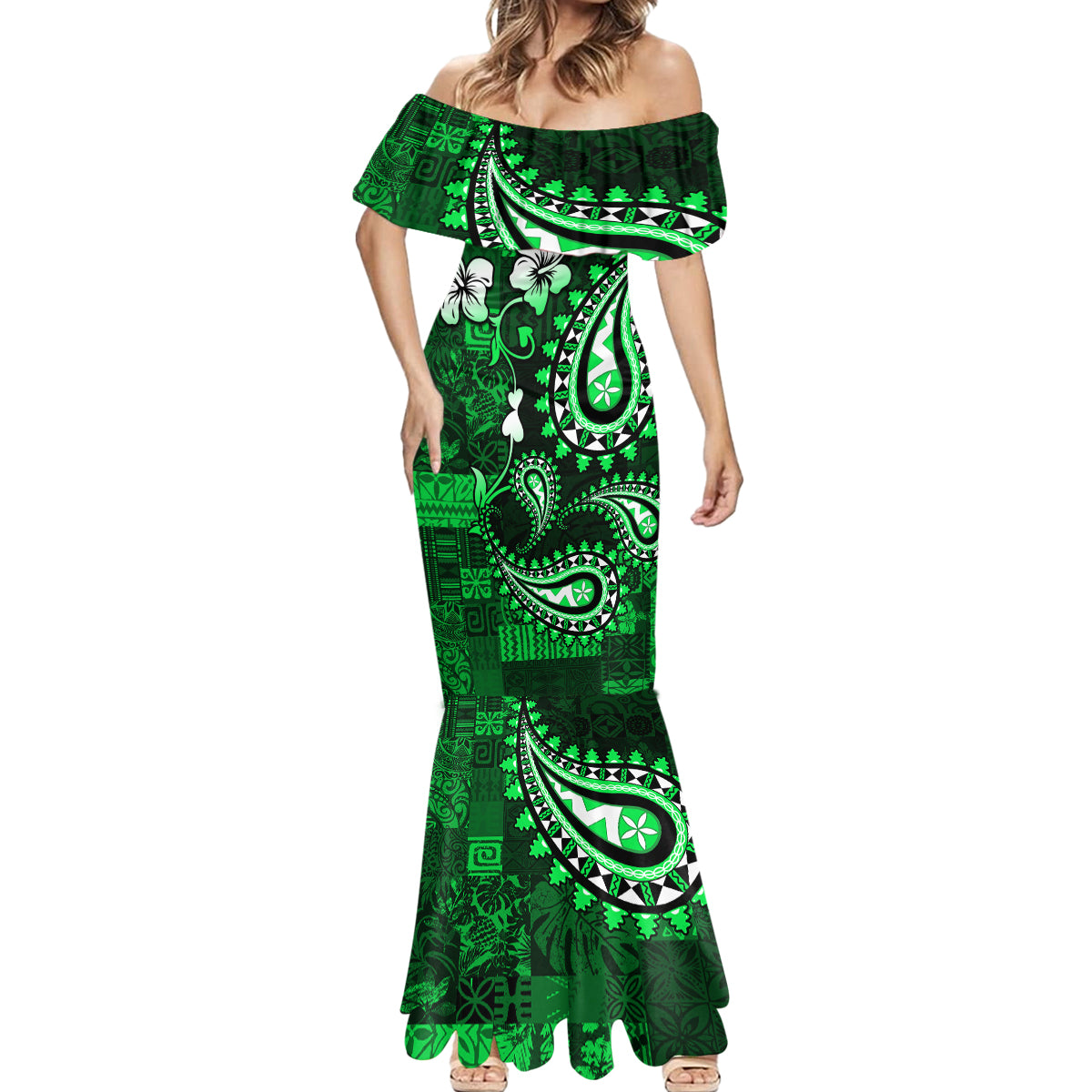 Fiji Masi Paisley With Hibiscus Tapa Mermaid Dress Green Version LT01 - Polynesian Pride