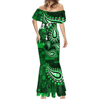 Fiji Masi Paisley With Hibiscus Tapa Mermaid Dress Green Version LT01 - Polynesian Pride