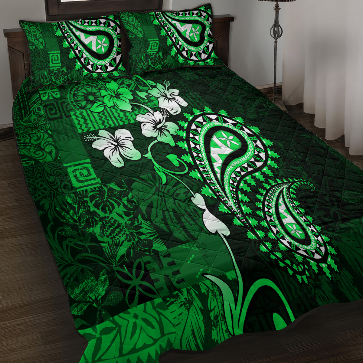 Fiji Masi Paisley With Hibiscus Tapa Quilt Bed Set Green Version LT01 - Polynesian Pride