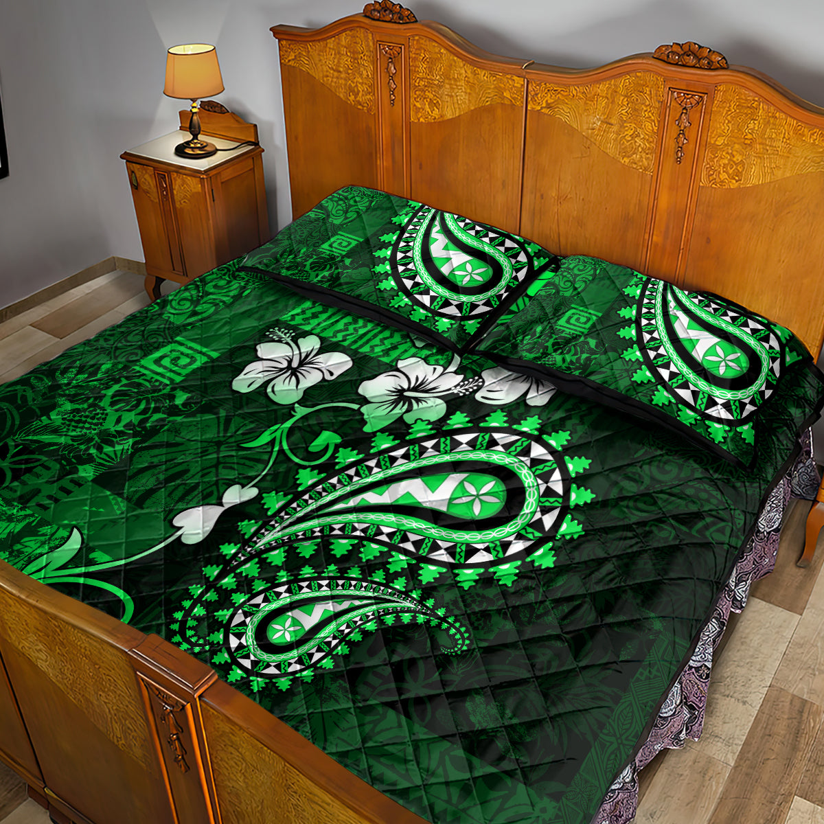 Fiji Masi Paisley With Hibiscus Tapa Quilt Bed Set Green Version LT01 - Polynesian Pride