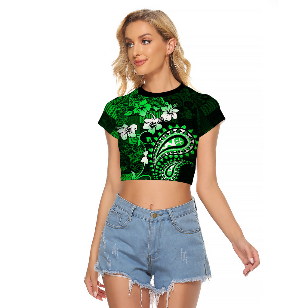 Fiji Masi Paisley With Hibiscus Tapa Raglan Cropped T Shirt Green Version LT01 Female Green - Polynesian Pride