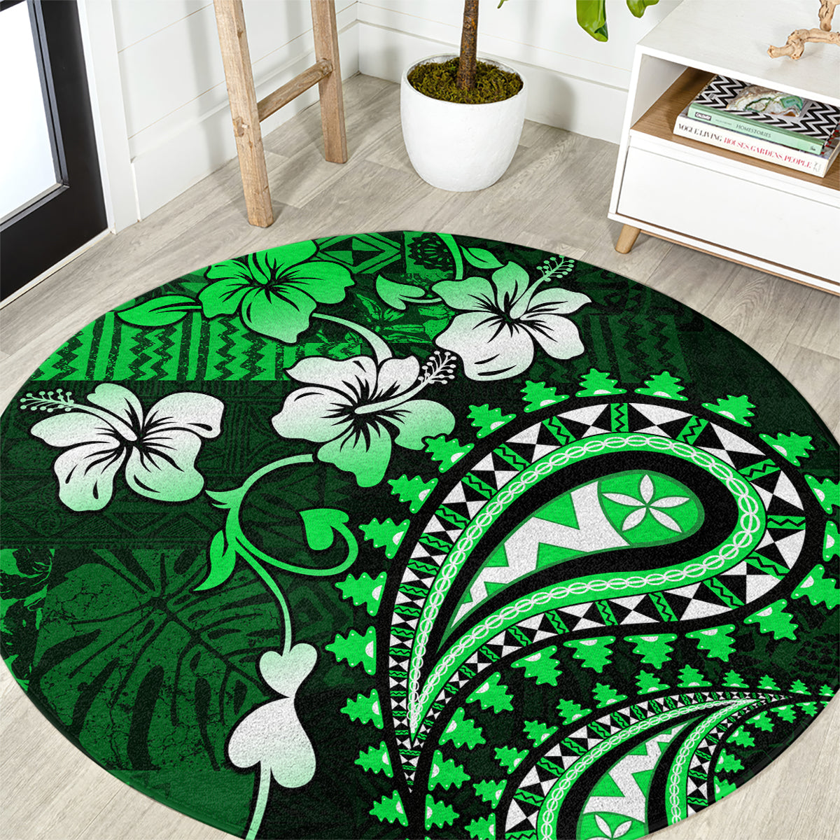 Fiji Masi Paisley With Hibiscus Tapa Round Carpet Green Version LT01 Green - Polynesian Pride