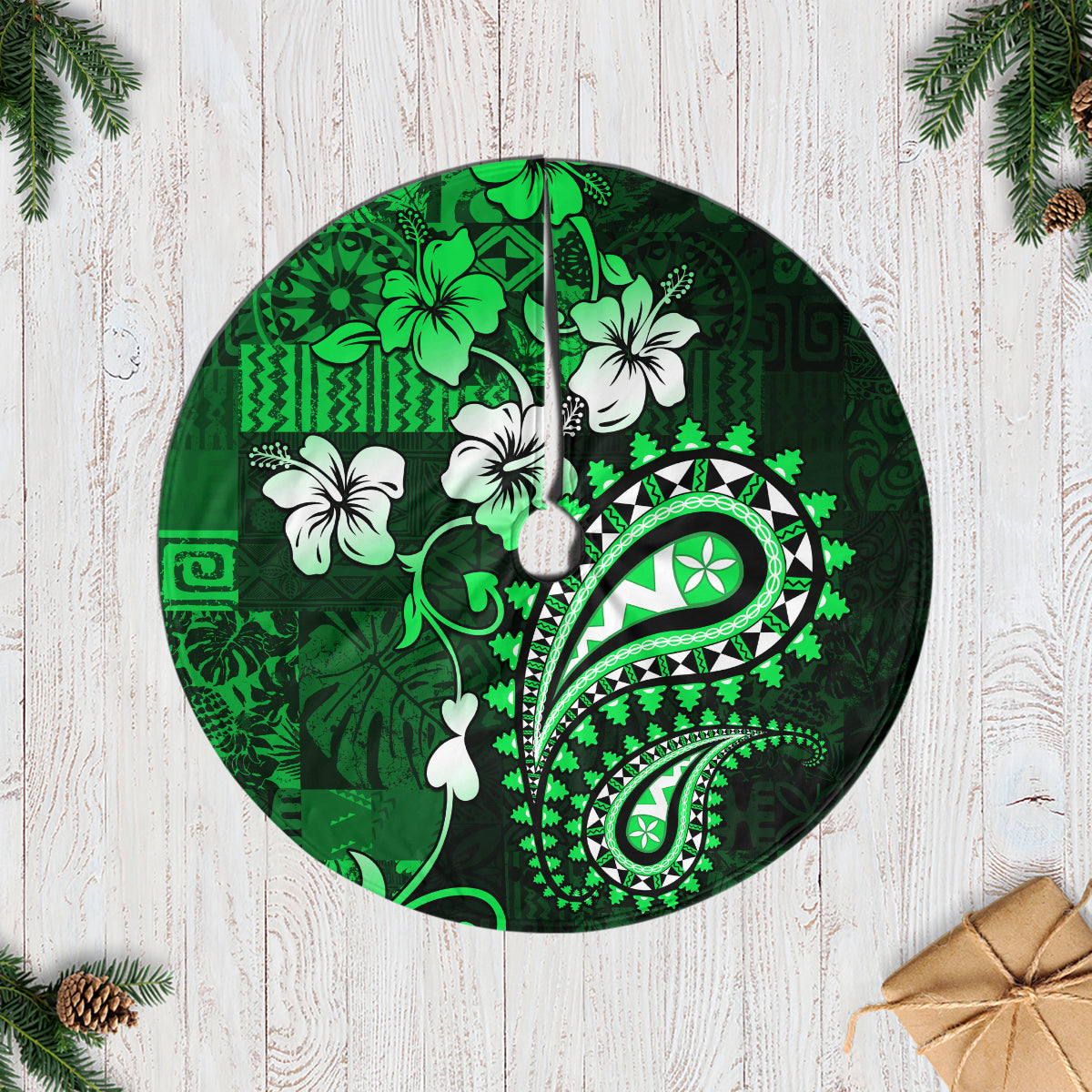 Fiji Masi Paisley With Hibiscus Tapa Tree Skirt Green Version LT01 Casual Tree Skirts Green - Polynesian Pride