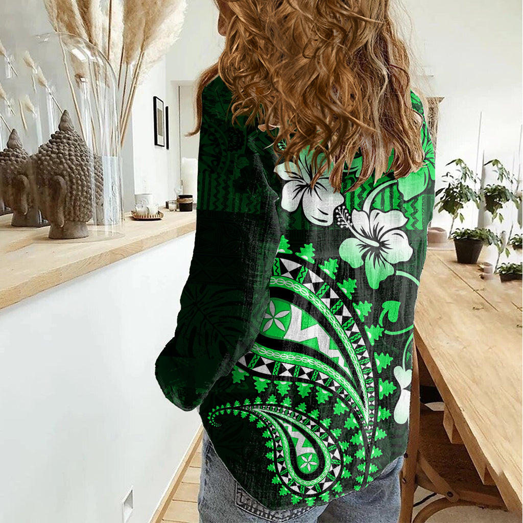 Fiji Masi Paisley With Hibiscus Tapa Women Casual Shirt Green Version LT01 - Polynesian Pride