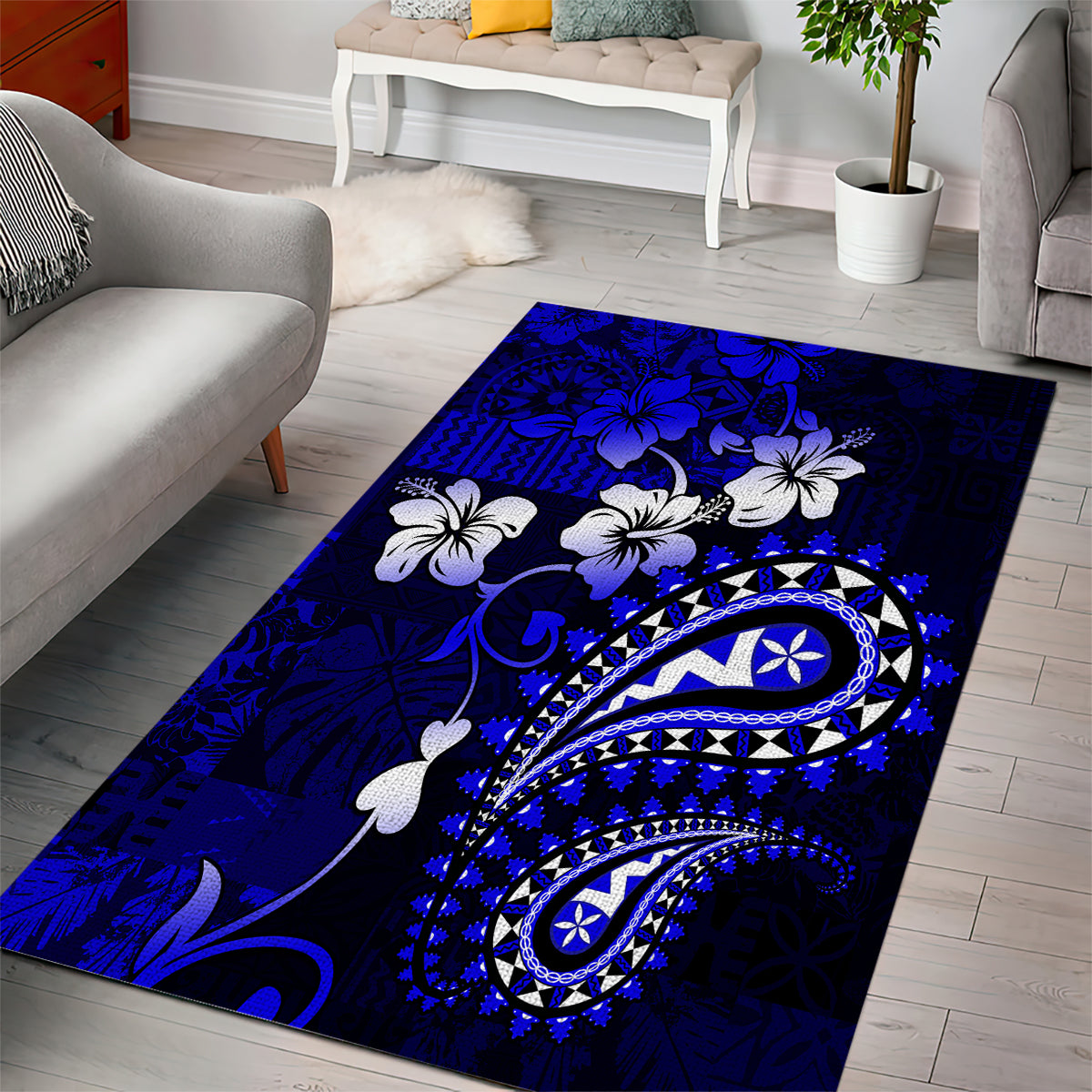 Fiji Masi Paisley With Hibiscus Tapa Area Rug Navy Blue Version LT01 - Polynesian Pride