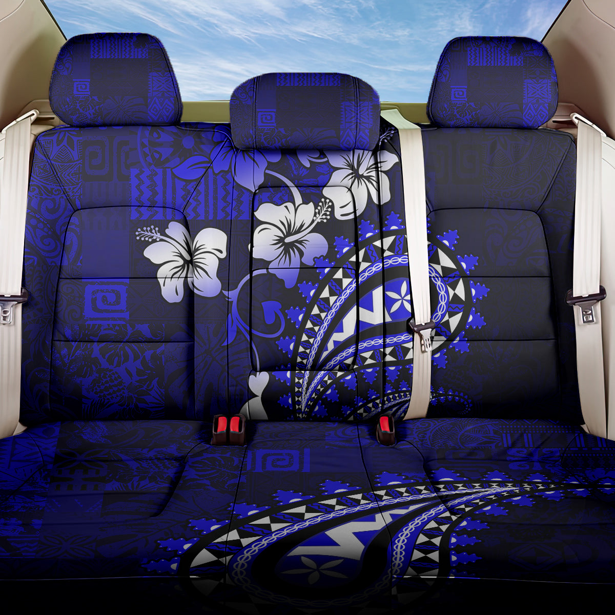 Fiji Masi Paisley With Hibiscus Tapa Back Car Seat Cover Navy Blue Version LT01 One Size Blue - Polynesian Pride
