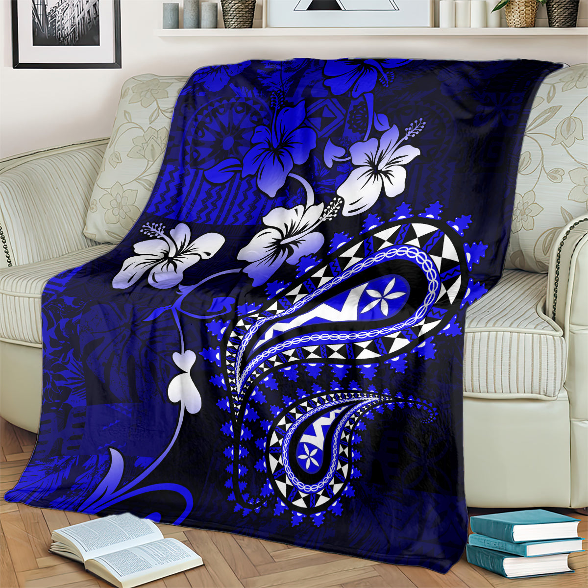 Fiji Masi Paisley With Hibiscus Tapa Blanket Navy Blue Version LT01 - Polynesian Pride
