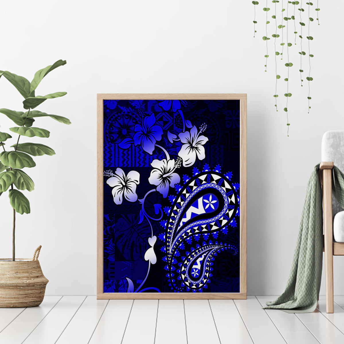 Fiji Masi Paisley With Hibiscus Tapa Canvas Wall Art Navy Blue Version LT01 - Polynesian Pride