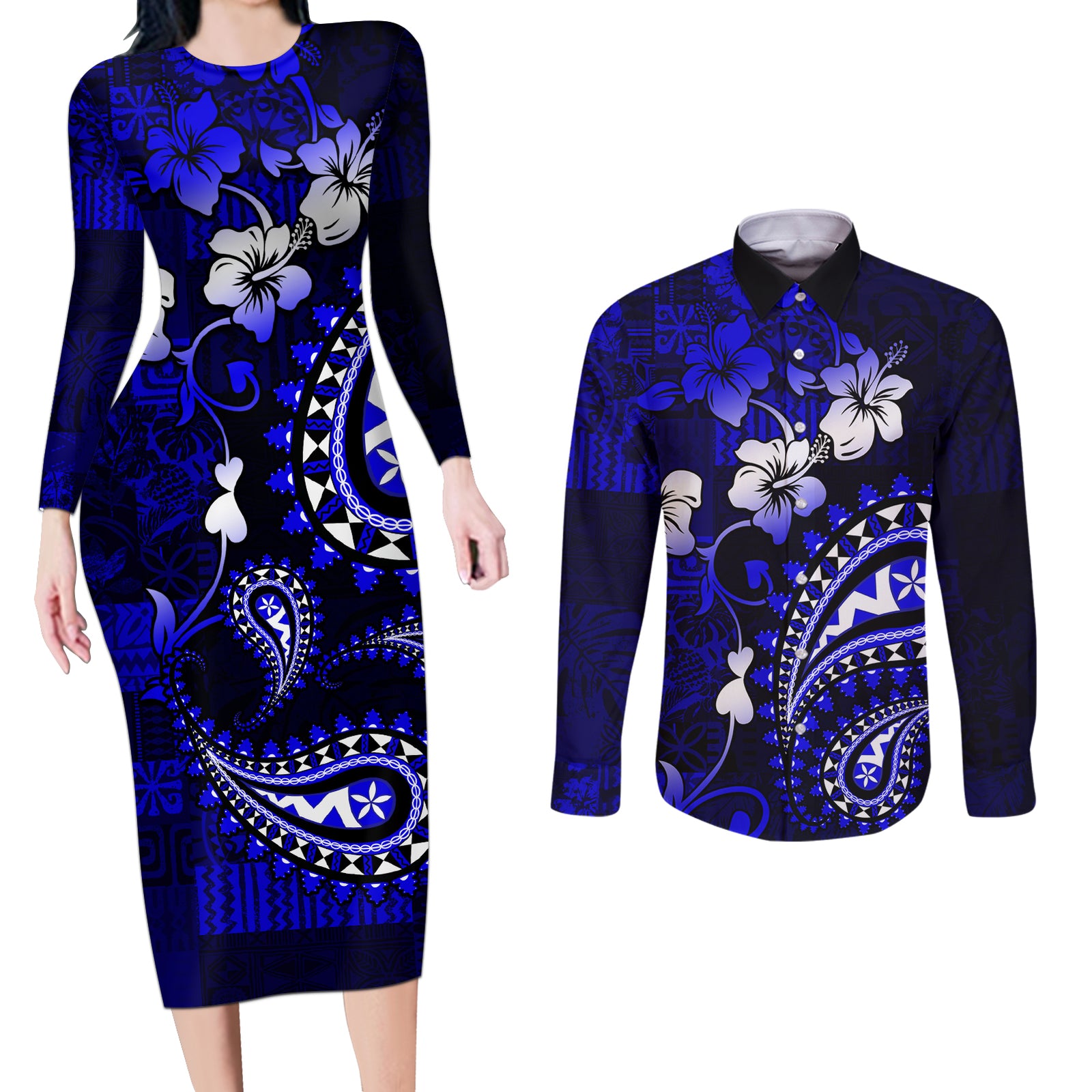 Fiji Masi Paisley With Hibiscus Tapa Couples Matching Long Sleeve Bodycon Dress and Long Sleeve Button Shirt Navy Blue Version LT01 Blue - Polynesian Pride
