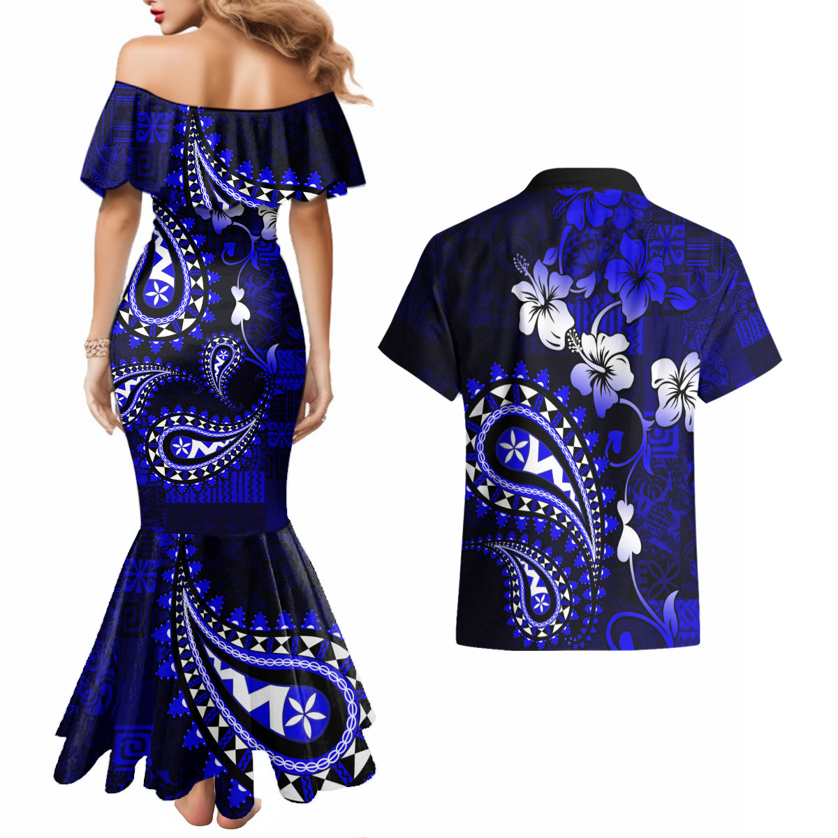 Fiji Masi Paisley With Hibiscus Tapa Couples Matching Mermaid Dress and Hawaiian Shirt Navy Blue Version LT01 - Polynesian Pride