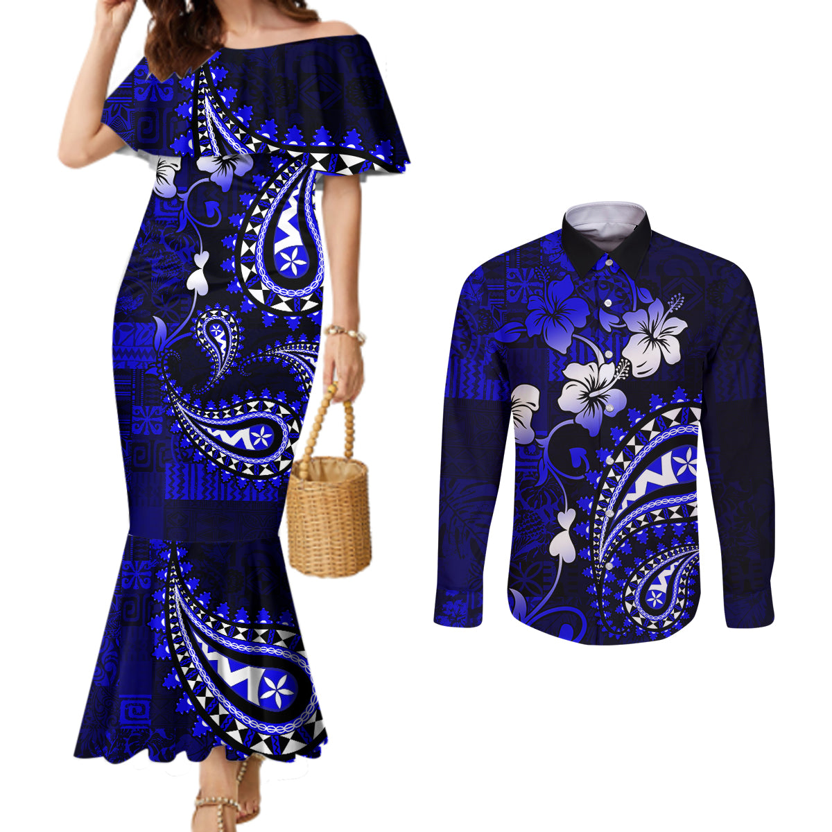 Fiji Masi Paisley With Hibiscus Tapa Couples Matching Mermaid Dress and Long Sleeve Button Shirt Navy Blue Version LT01 Blue - Polynesian Pride