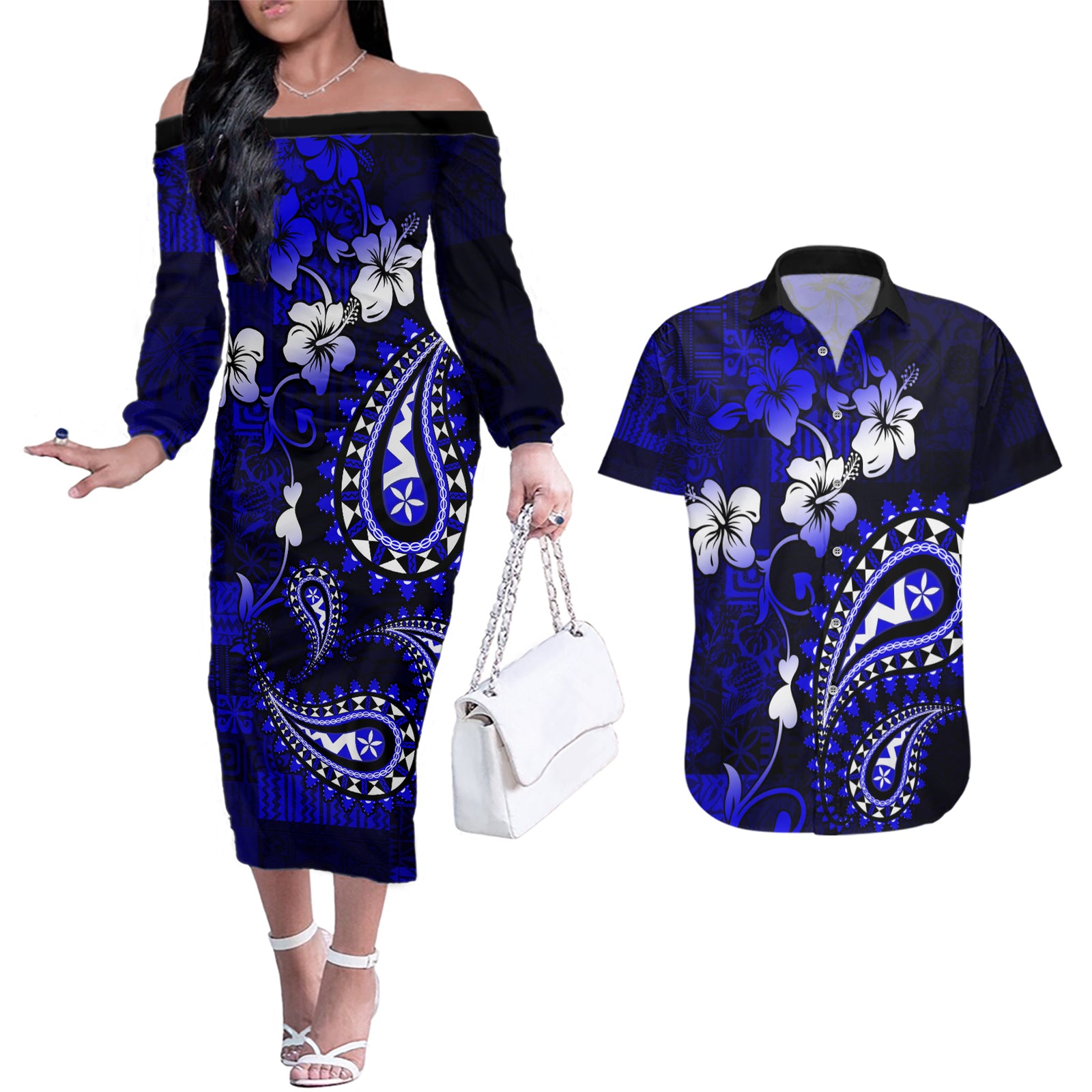 Fiji Masi Paisley With Hibiscus Tapa Couples Matching Off The Shoulder Long Sleeve Dress and Hawaiian Shirt Navy Blue Version LT01 Blue - Polynesian Pride