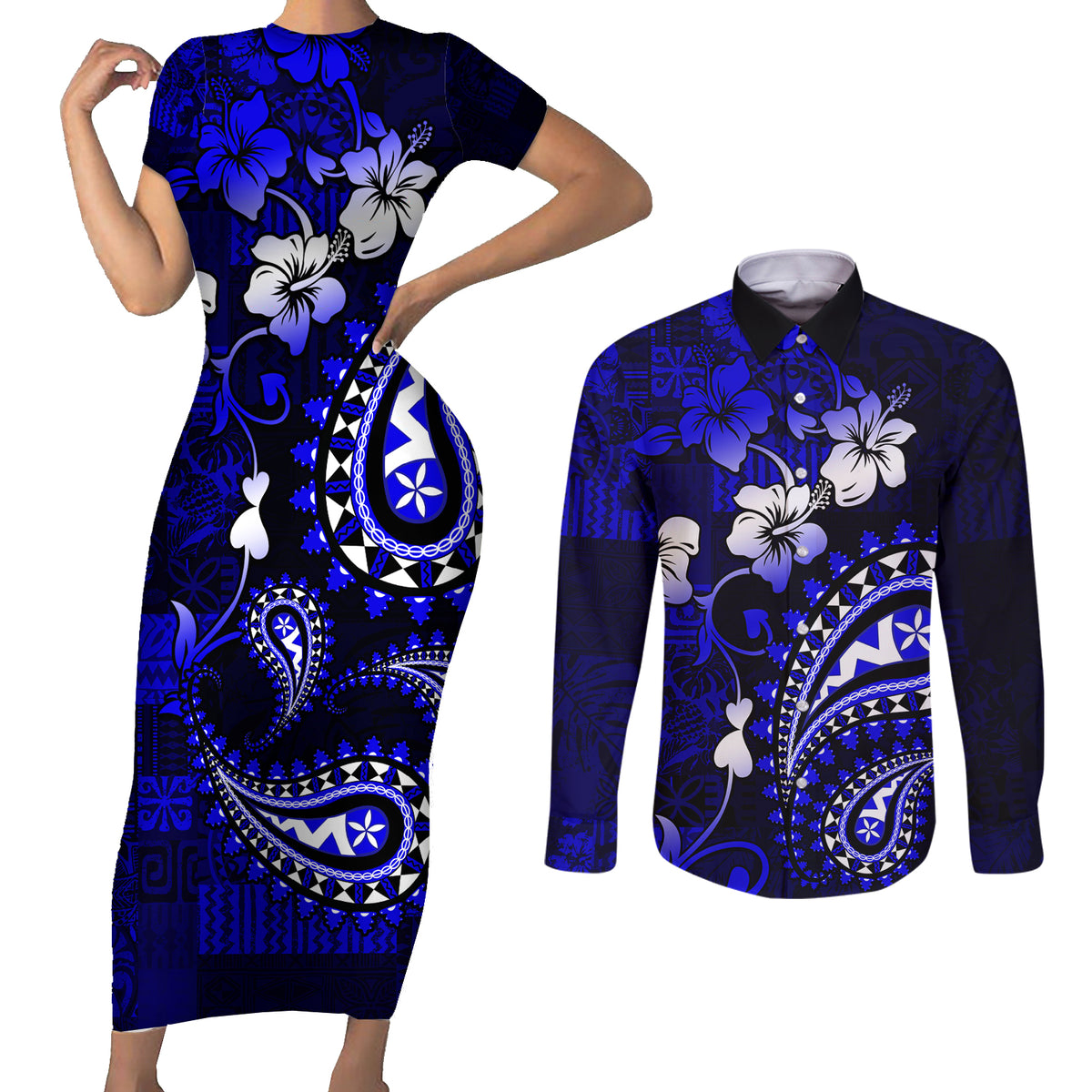 Fiji Masi Paisley With Hibiscus Tapa Couples Matching Short Sleeve Bodycon Dress and Long Sleeve Button Shirt Navy Blue Version LT01 Blue - Polynesian Pride