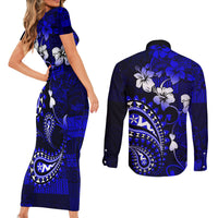 Fiji Masi Paisley With Hibiscus Tapa Couples Matching Short Sleeve Bodycon Dress and Long Sleeve Button Shirt Navy Blue Version LT01 - Polynesian Pride