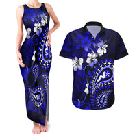 Fiji Masi Paisley With Hibiscus Tapa Couples Matching Tank Maxi Dress and Hawaiian Shirt Navy Blue Version LT01 Blue - Polynesian Pride