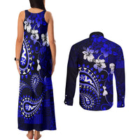 Fiji Masi Paisley With Hibiscus Tapa Couples Matching Tank Maxi Dress and Long Sleeve Button Shirt Navy Blue Version LT01 - Polynesian Pride