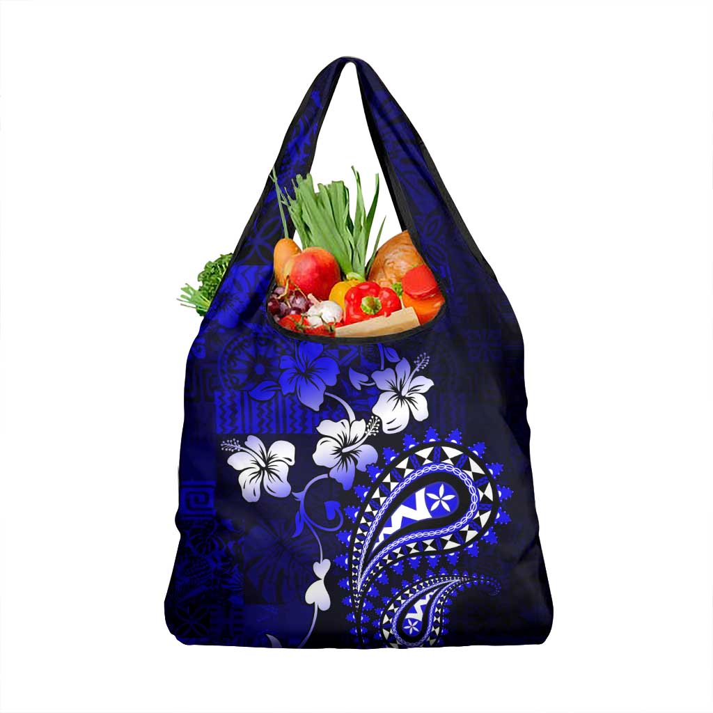 Fiji Masi Paisley With Hibiscus Tapa Grocery Bag Navy Blue Version
