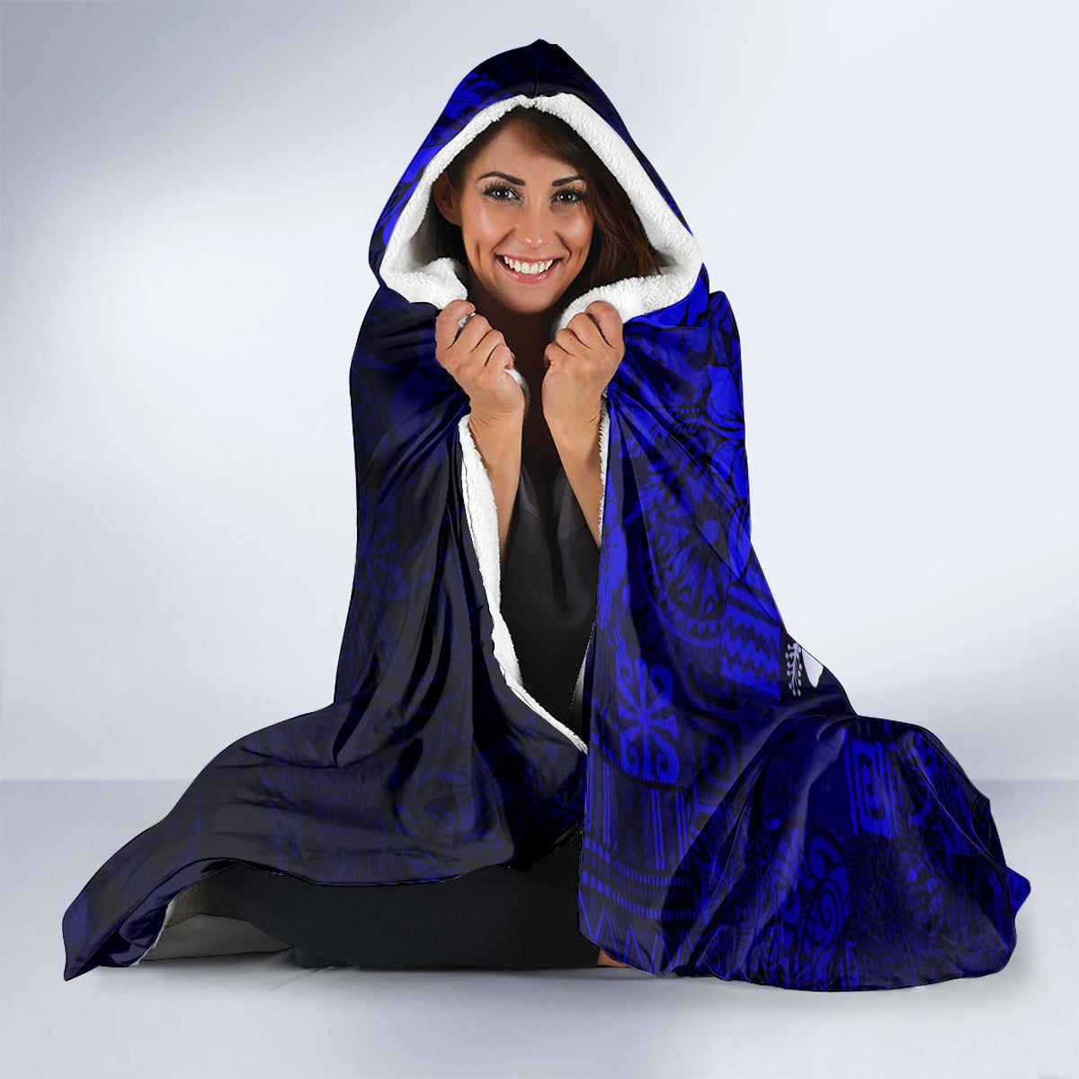 Fiji Masi Paisley With Hibiscus Tapa Hooded Blanket Navy Blue Version LT01 - Polynesian Pride