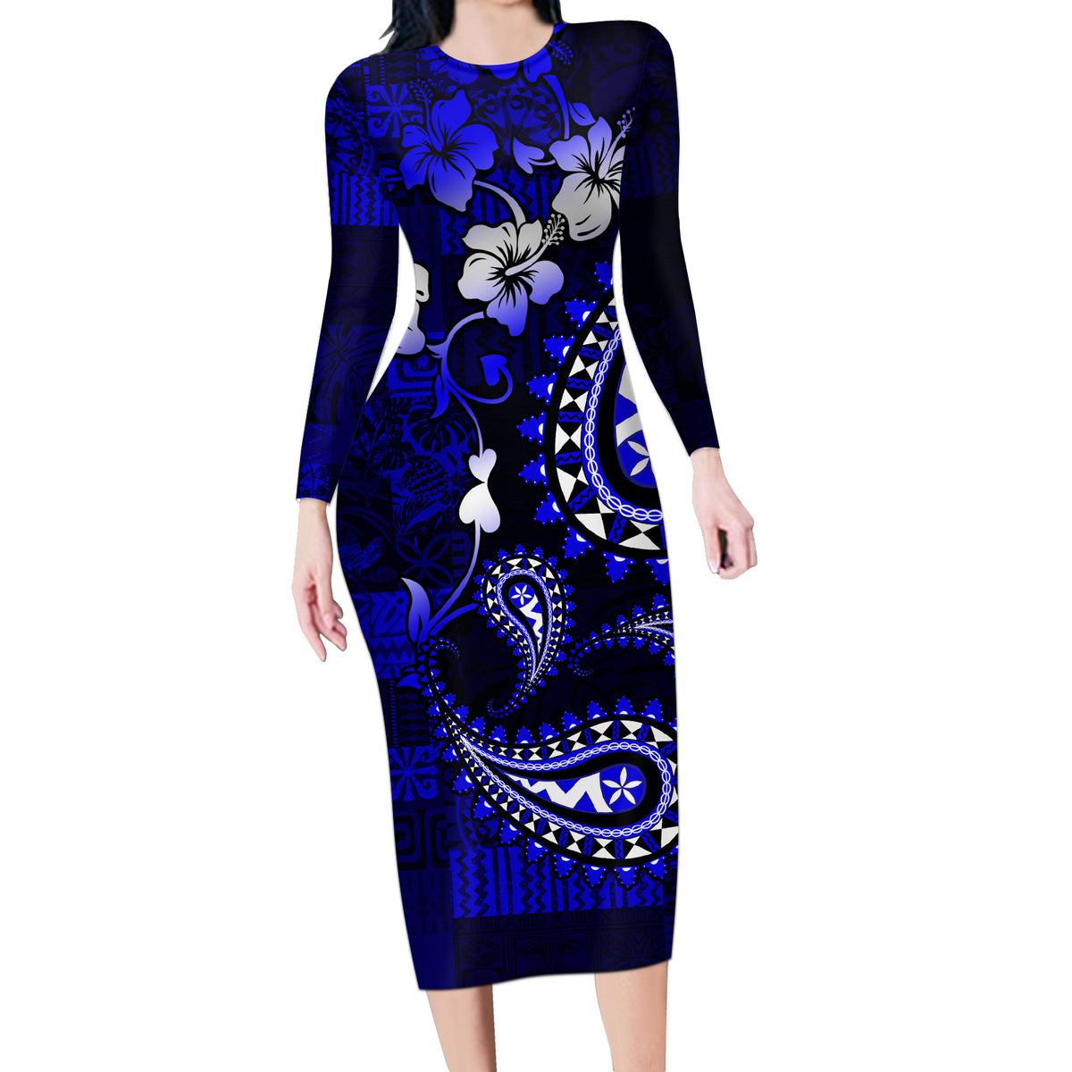 Fiji Masi Paisley With Hibiscus Tapa Long Sleeve Bodycon Dress Navy Blue Version LT01 Long Dress Blue - Polynesian Pride