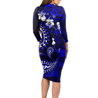 Fiji Masi Paisley With Hibiscus Tapa Long Sleeve Bodycon Dress Navy Blue Version LT01 - Polynesian Pride