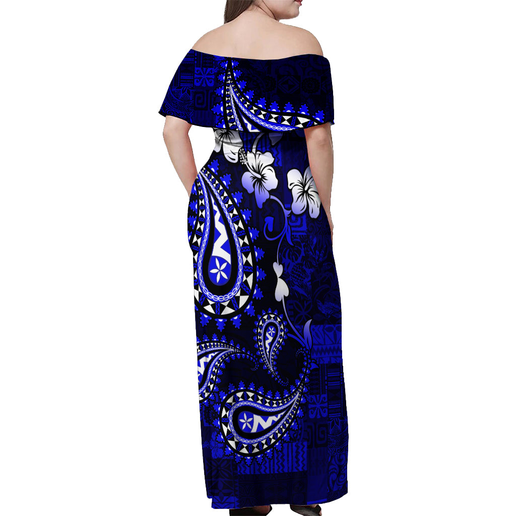 Fiji Masi Paisley With Hibiscus Tapa Off Shoulder Maxi Dress Navy Blue Version LT01 - Polynesian Pride