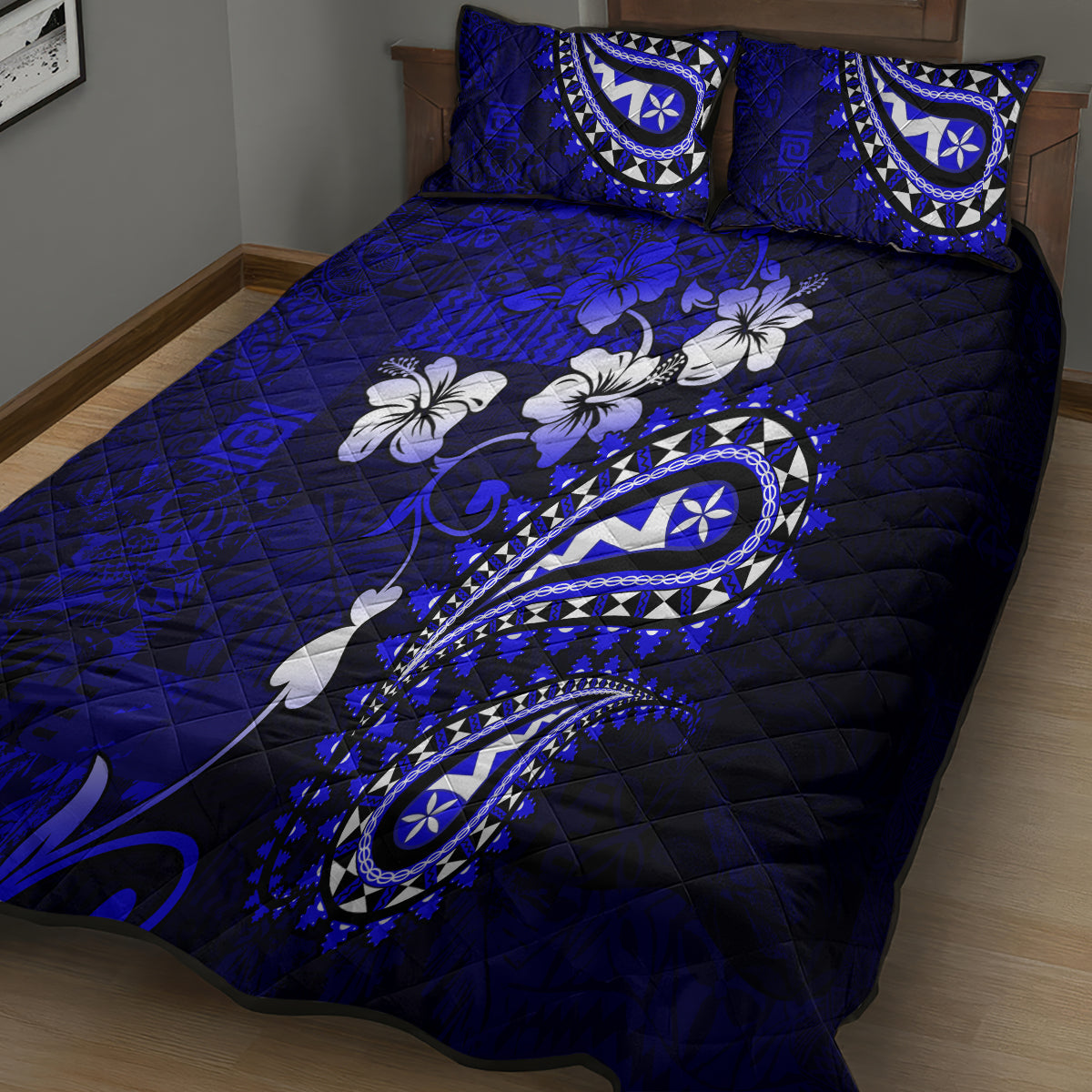 Fiji Masi Paisley With Hibiscus Tapa Quilt Bed Set Navy Blue Version LT01 - Polynesian Pride