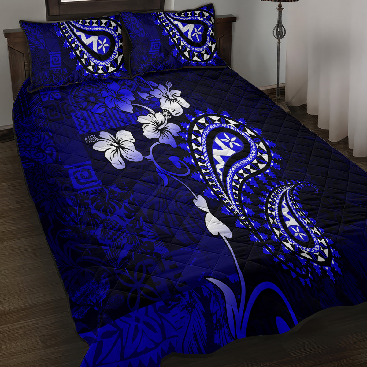 Fiji Masi Paisley With Hibiscus Tapa Quilt Bed Set Navy Blue Version LT01 - Polynesian Pride