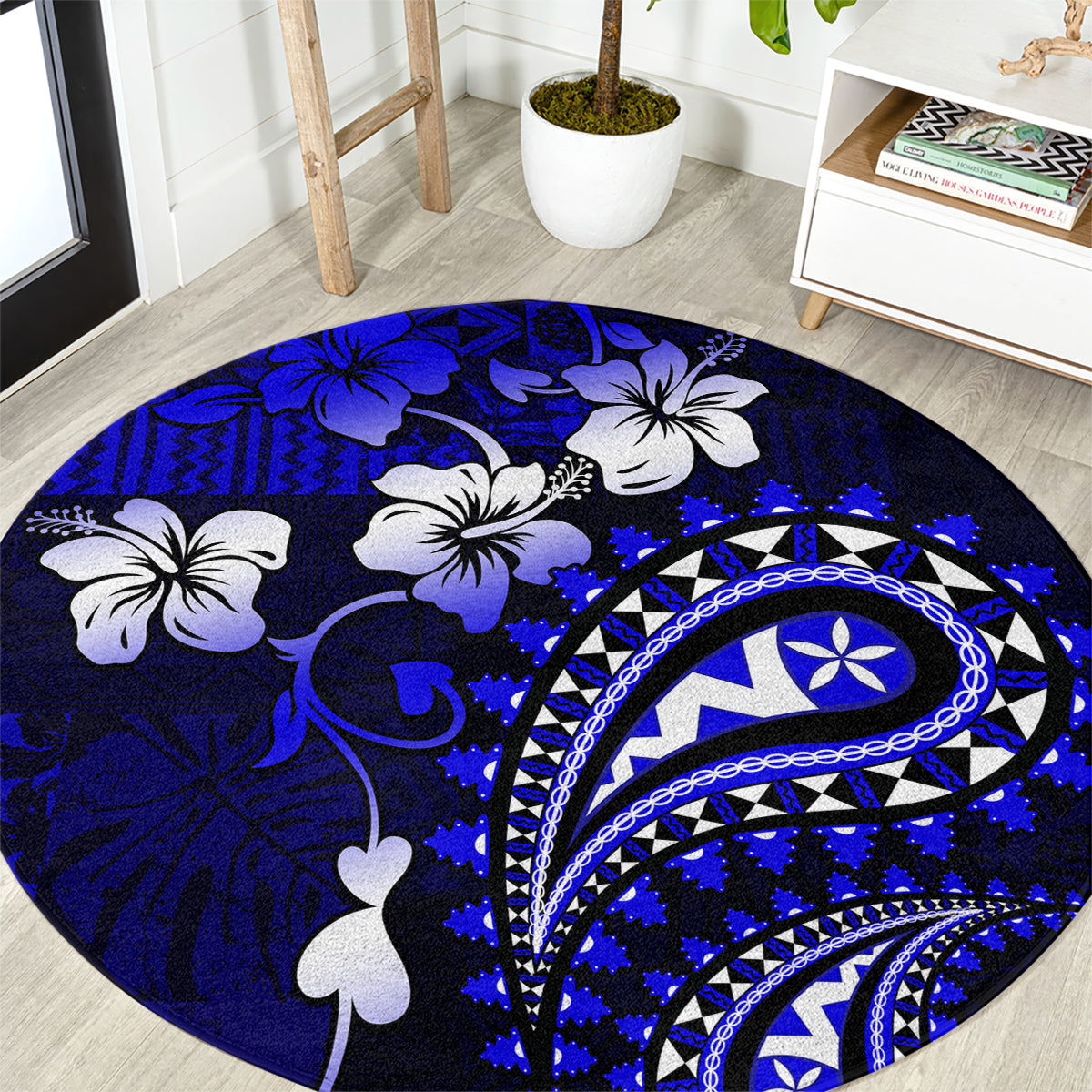 Fiji Masi Paisley With Hibiscus Tapa Round Carpet Navy Blue Version LT01 Blue - Polynesian Pride