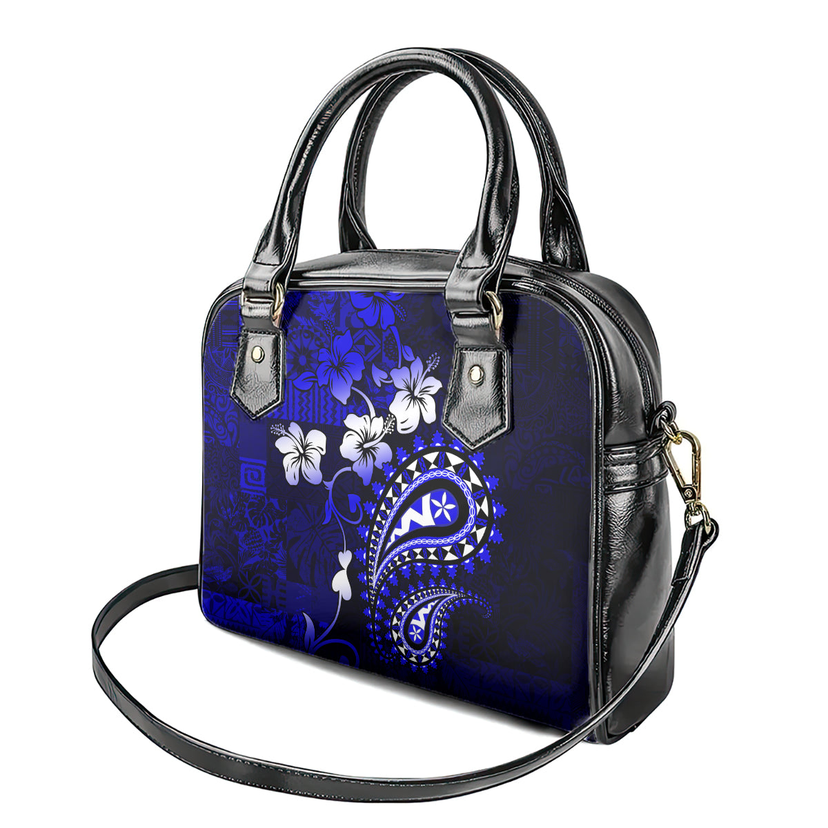 Fiji Masi Paisley With Hibiscus Tapa Shoulder Handbag Navy Blue Version LT01 - Polynesian Pride