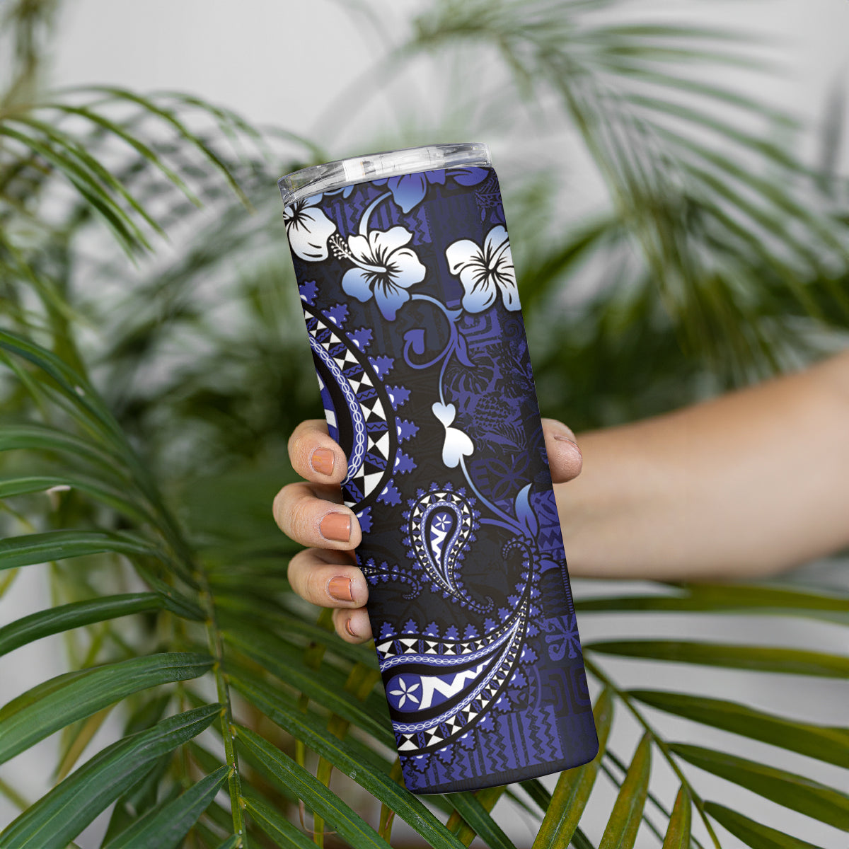 Fiji Masi Paisley With Hibiscus Tapa Skinny Tumbler Navy Blue Version