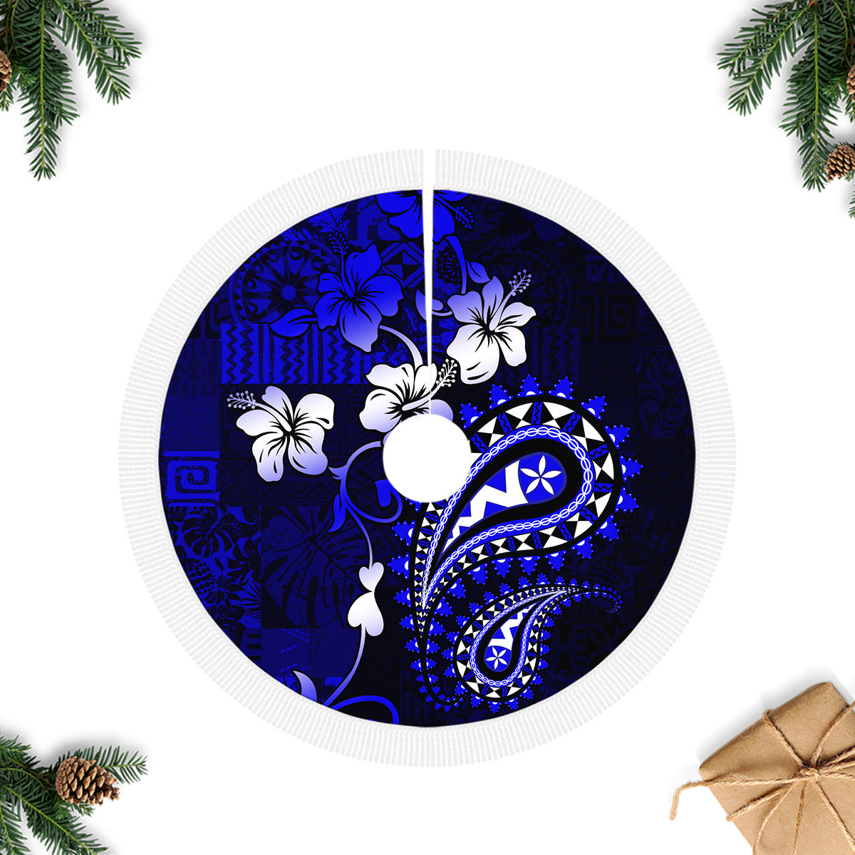 Fiji Masi Paisley With Hibiscus Tapa Tree Skirt Navy Blue Version LT01 Fringed Tree Skirts Blue - Polynesian Pride