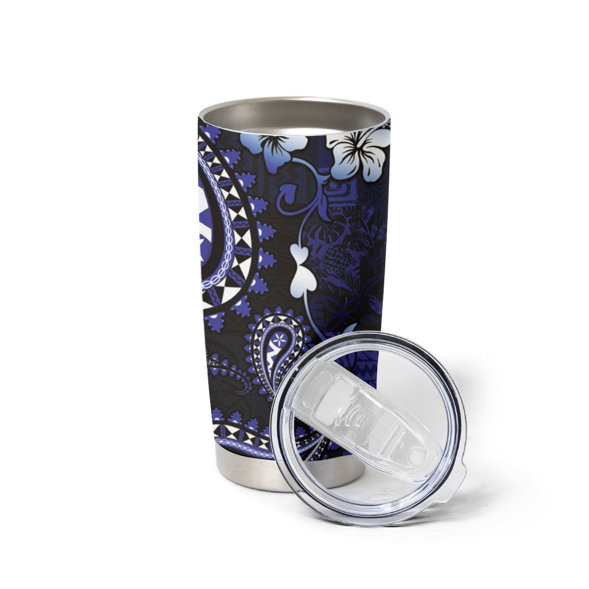 Fiji Masi Paisley With Hibiscus Tapa Tumbler Cup Navy Blue Version