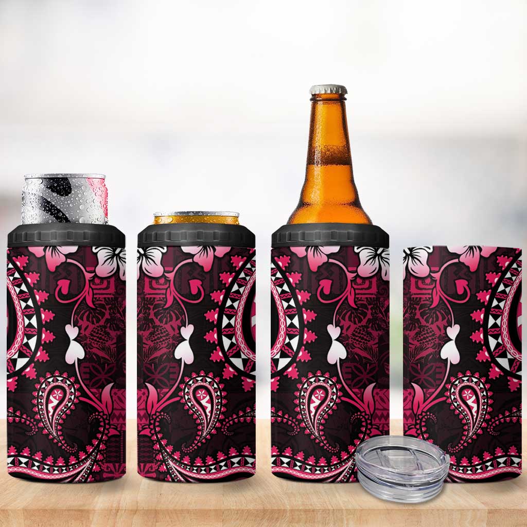 Fiji Masi Paisley With Hibiscus Tapa 4 in 1 Can Cooler Tumbler Pink Version