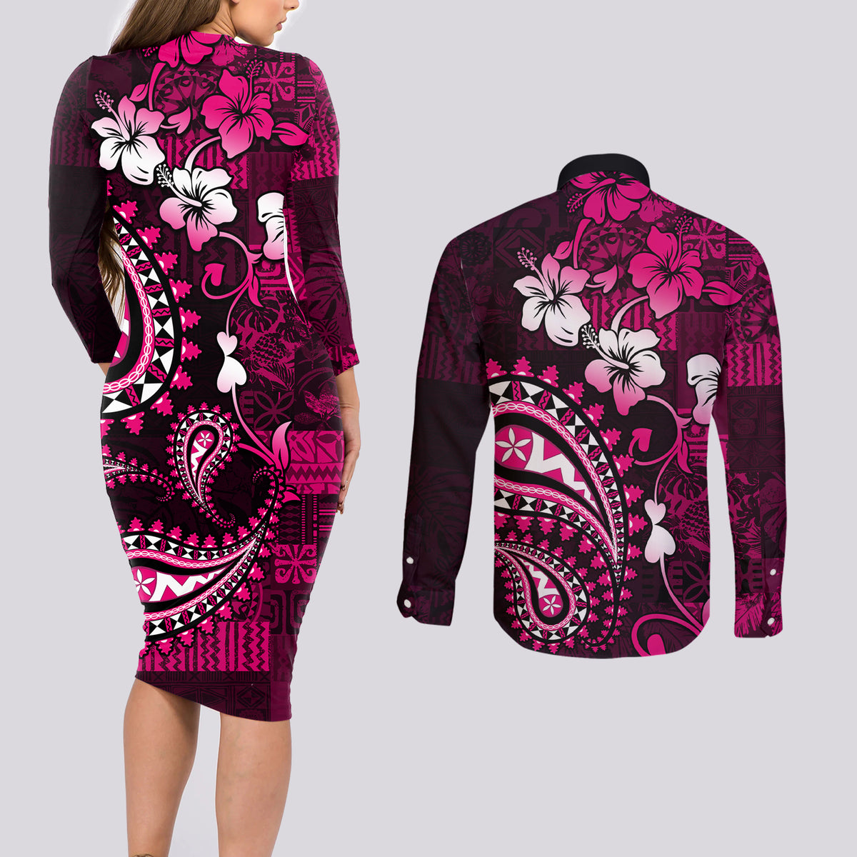 Fiji Masi Paisley With Hibiscus Tapa Couples Matching Long Sleeve Bodycon Dress and Long Sleeve Button Shirt Pink Version LT01 - Polynesian Pride