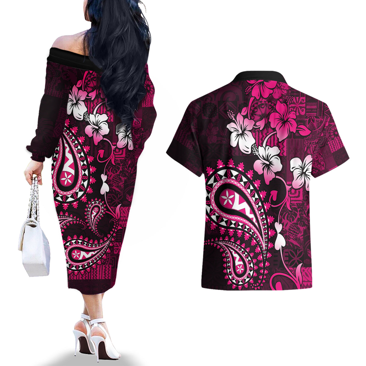 Fiji Masi Paisley With Hibiscus Tapa Couples Matching Off The Shoulder Long Sleeve Dress and Hawaiian Shirt Pink Version LT01 - Polynesian Pride