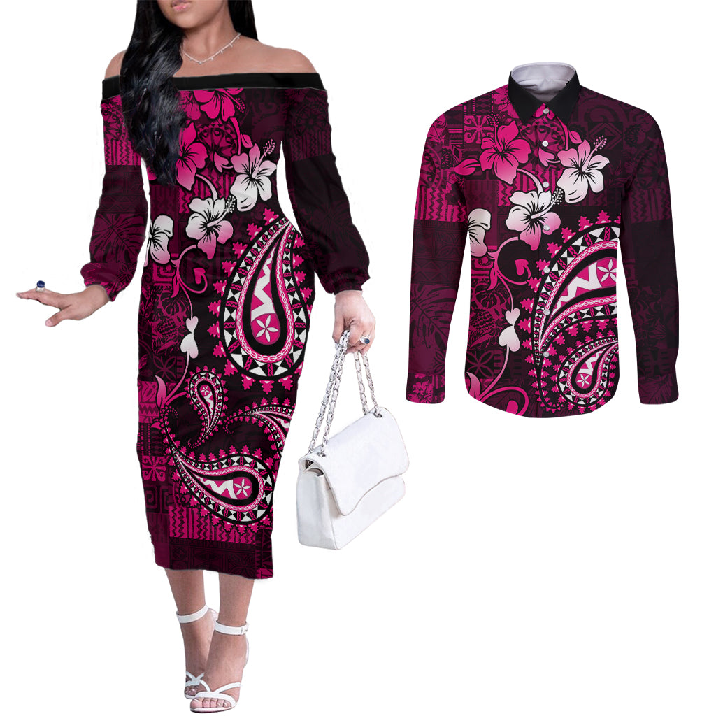 Fiji Masi Paisley With Hibiscus Tapa Couples Matching Off The Shoulder Long Sleeve Dress and Long Sleeve Button Shirt Pink Version LT01 Pink - Polynesian Pride