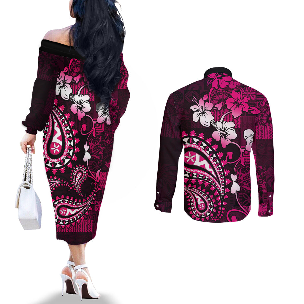 Fiji Masi Paisley With Hibiscus Tapa Couples Matching Off The Shoulder Long Sleeve Dress and Long Sleeve Button Shirt Pink Version LT01 - Polynesian Pride