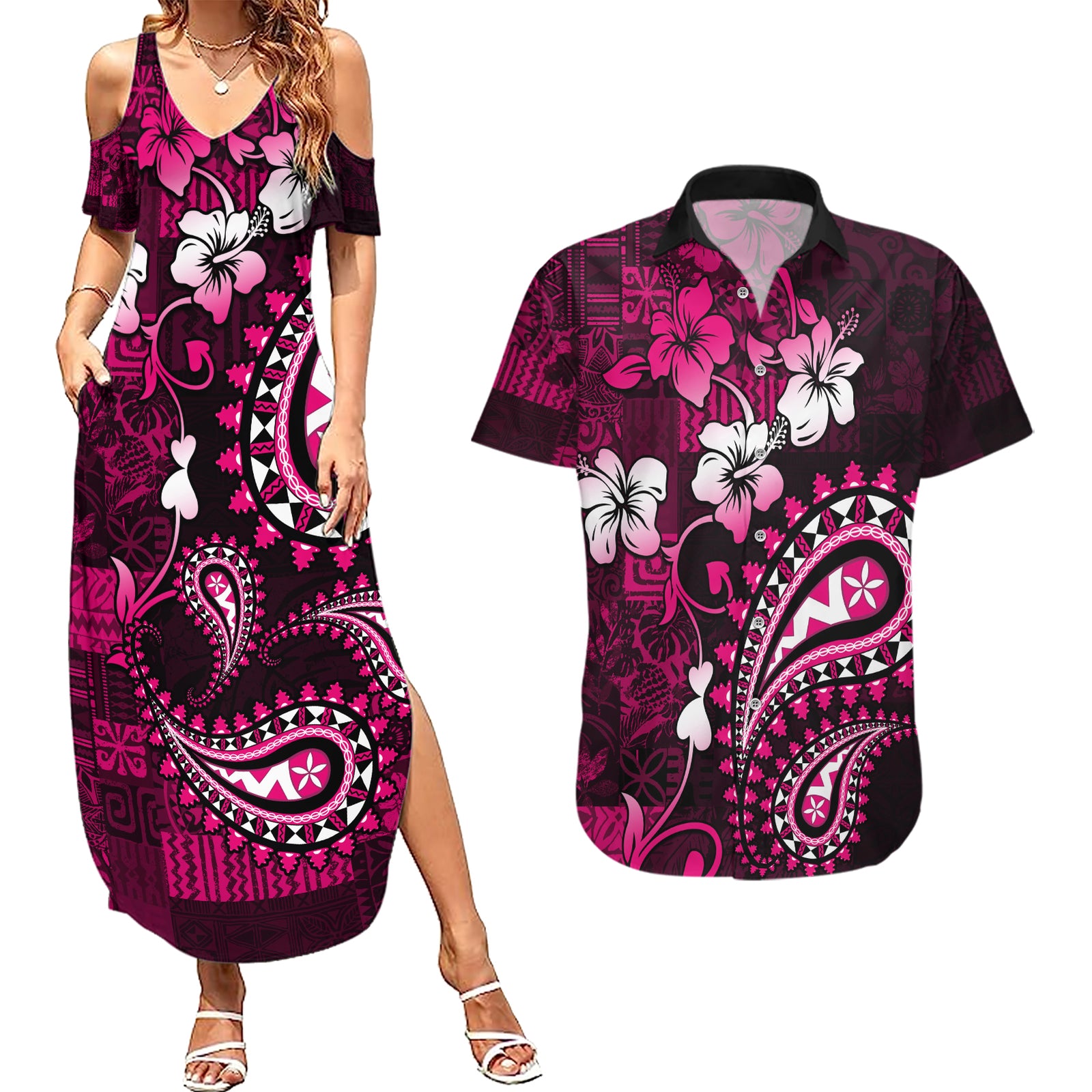 Fiji Masi Paisley With Hibiscus Tapa Couples Matching Summer Maxi Dress and Hawaiian Shirt Pink Version LT01 Pink - Polynesian Pride