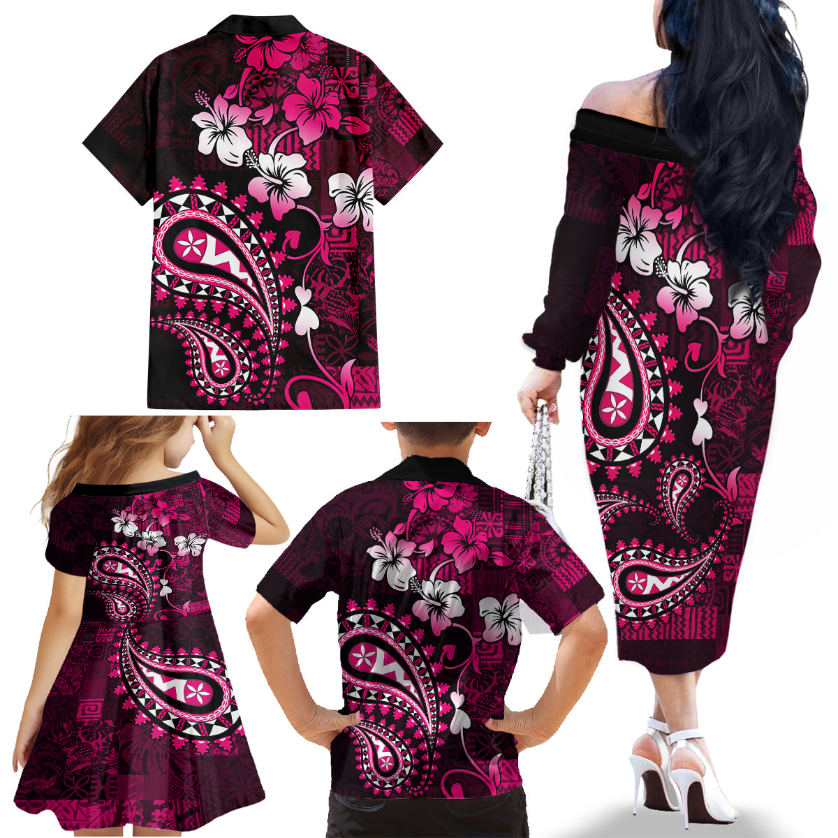 Fiji Masi Paisley With Hibiscus Tapa Family Matching Off Shoulder Long Sleeve Dress and Hawaiian Shirt Pink Version LT01 - Polynesian Pride