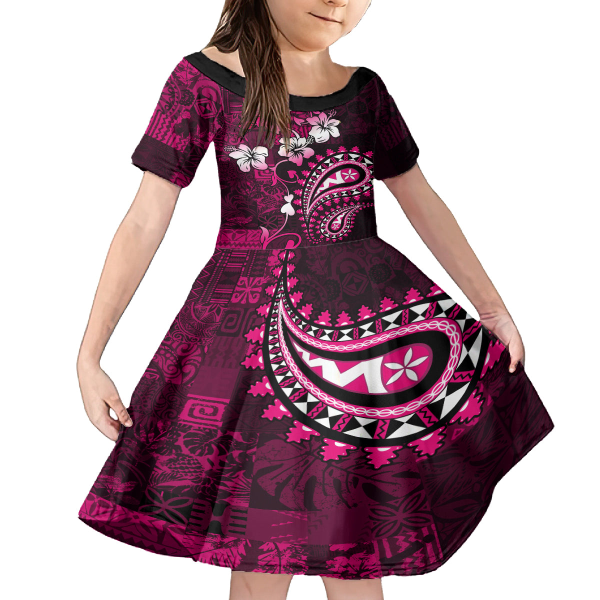 Fiji Masi Paisley With Hibiscus Tapa Family Matching Off Shoulder Short Dress and Hawaiian Shirt Pink Version LT01 Daughter's Dress Pink - Polynesian Pride