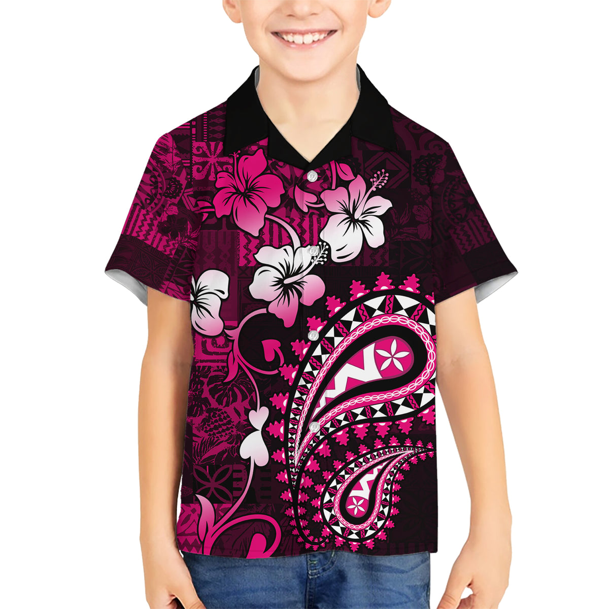 Fiji Masi Paisley With Hibiscus Tapa Kid Hawaiian Shirt Pink Version LT01 Kid Pink - Polynesian Pride