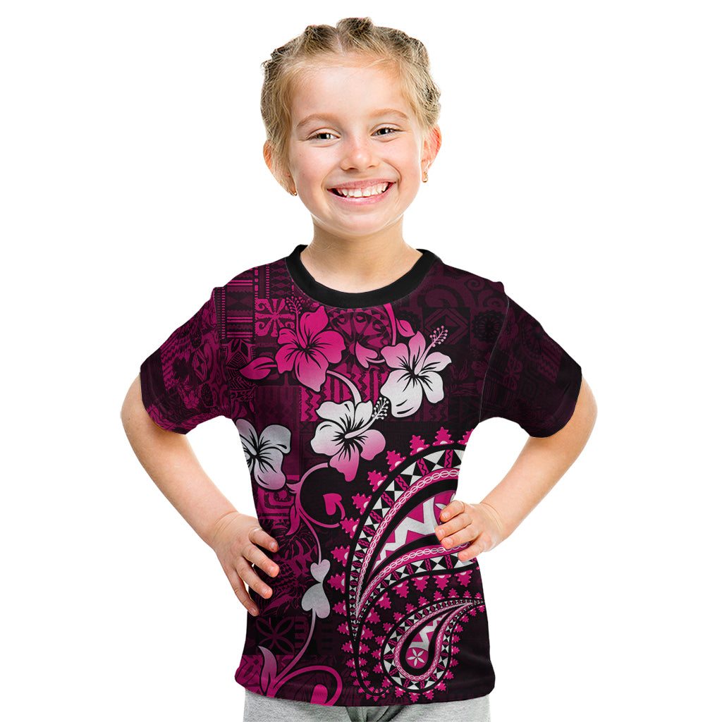 Fiji Masi Paisley With Hibiscus Tapa Kid T Shirt Pink Version LT01 Pink - Polynesian Pride
