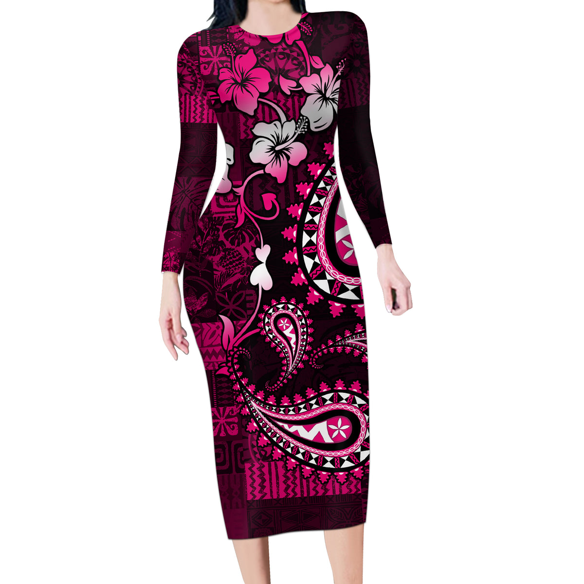Fiji Masi Paisley With Hibiscus Tapa Long Sleeve Bodycon Dress Pink Version LT01 Long Dress Pink - Polynesian Pride