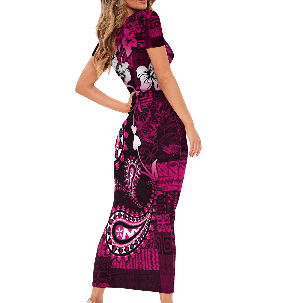 Fiji Masi Paisley With Hibiscus Tapa Short Sleeve Bodycon Dress Pink Version LT01 - Polynesian Pride